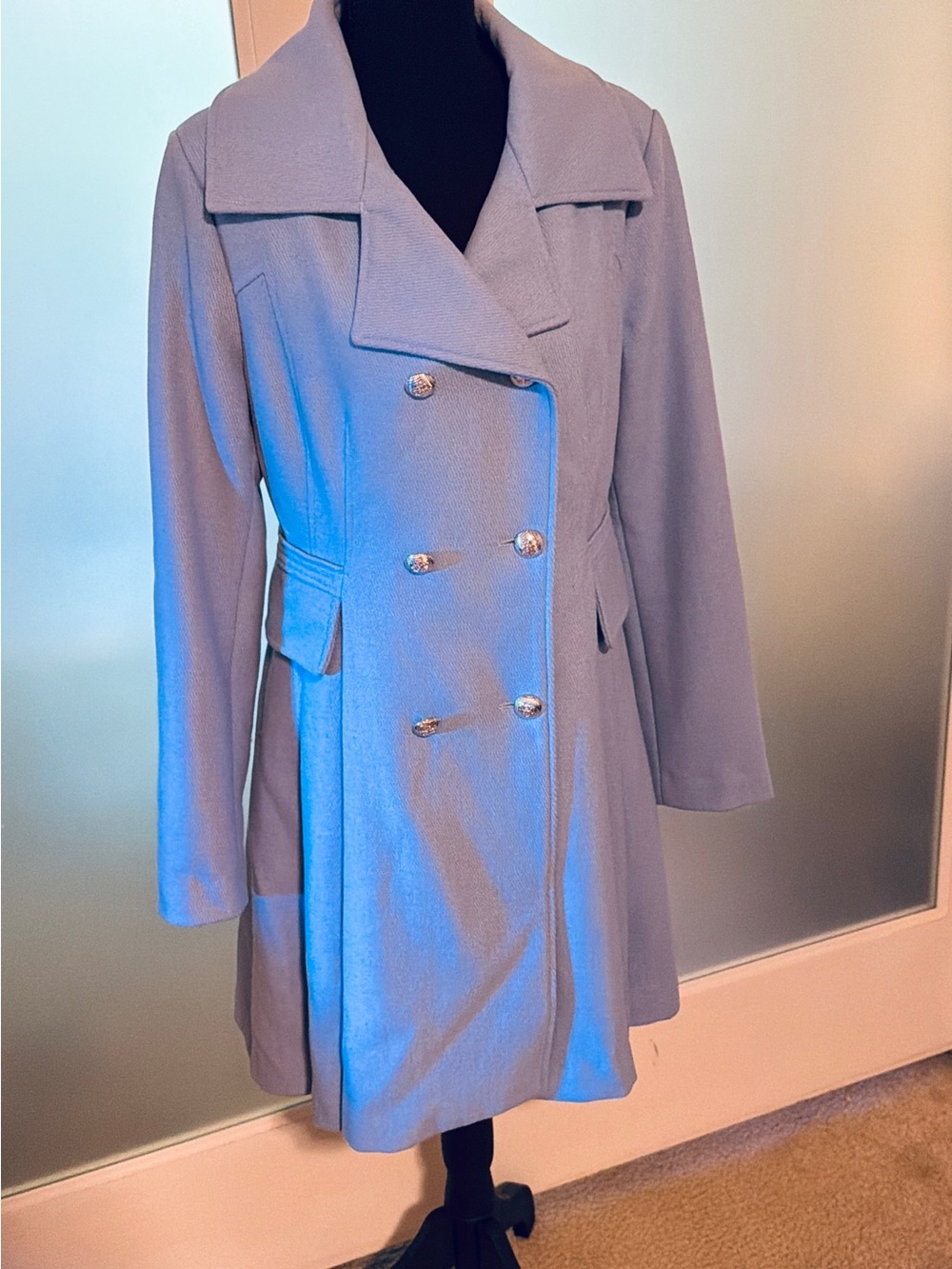 Guess Double-Breasted Light Blue Pea Coat